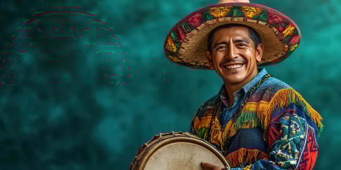 Musician in colorful traditional attire plays drum in vibrant setting at outdoor festival photo