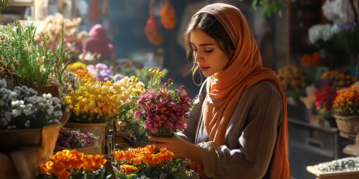 Woman selecting flowers in a vibrant market during the golden hour in a bustling city photo
