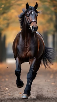 Majestic horse gallops through autumn path surrounded by colorful trees during golden hour photo