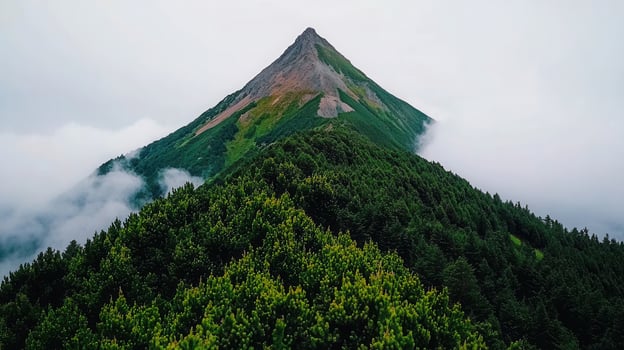 Majestic Mountain Peak Soaring Above a Lush Green Forest Landscape on a Misty Day photo