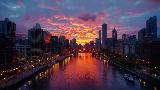 Stunning Cityscape at Sunrise Reflecting in River with Buildings and Vibrant Sky photo