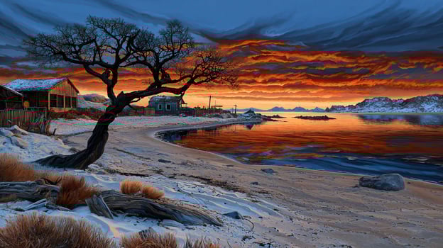 Serene Sunset over Snowy Beach Winter Landscape with Cottages and Dramatic Sky photo