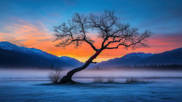 Majestic Winter Sunset Landscape Lone Tree Silhouette Against Colorful Sky and Misty Mountains photo