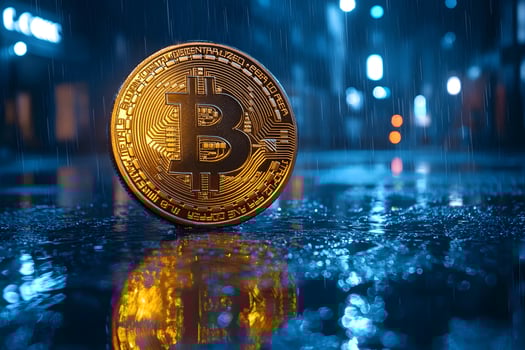 Bitcoin Cryptocurrency in Rainy Urban Night Scene for Finance and Digital Currency Concepts photo