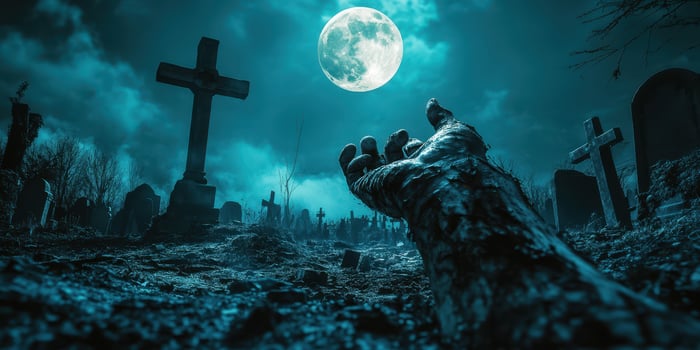 Graveyard under a full moon with a zombie hand reaching from the ground during a spooky night photo