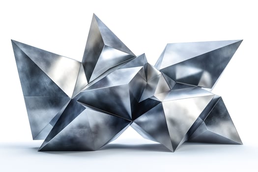 An abstract sculpture made of metallic surfaces, reflecting light and casting shadows with sharp geometric shapes. photo
