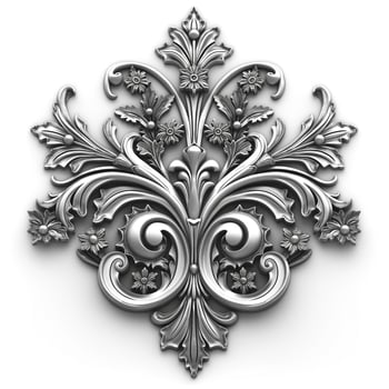 Intricate silver floral design with elegant swirls and leaves on a white background. photo