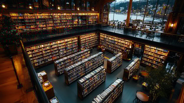 Stunning High Angle View of a Grand Library Filled with Bookshelves and Natural Light Streaming Through Large Windows photo