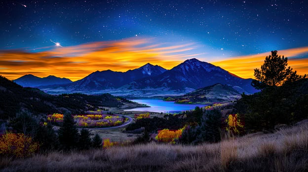Majestic Mountain Lake Sunset Landscape with Starry Night Sky Breathtaking Autumn Colors Scenic View photo