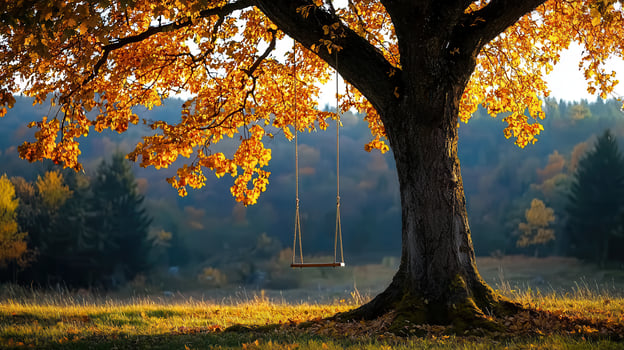 Serene Autumn Scene Empty Swing Hanging from Majestic Tree with Golden Leaves and a Peaceful Landscape photo