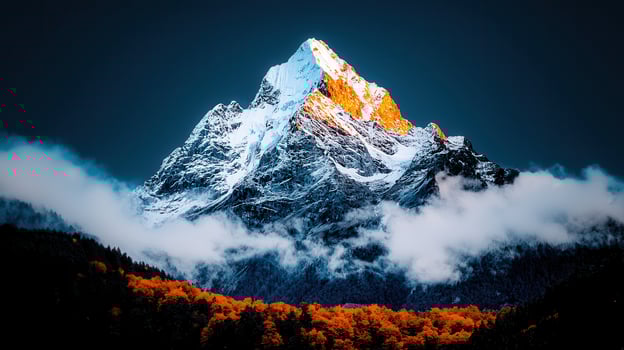 Majestic snow capped mountain peak sunrise over autumnal forest Breathtaking alpine scenery photo