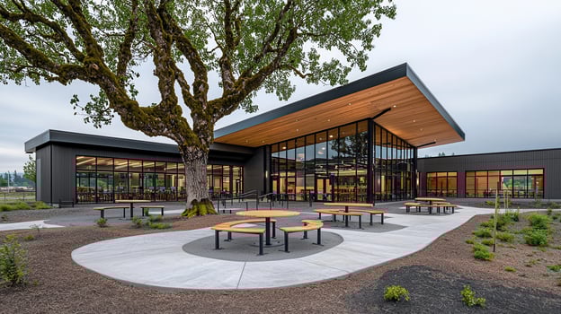 Modern School Building Exterior with Outdoor Patio and Large Tree Spacious Design Ideal for Students and Staff photo