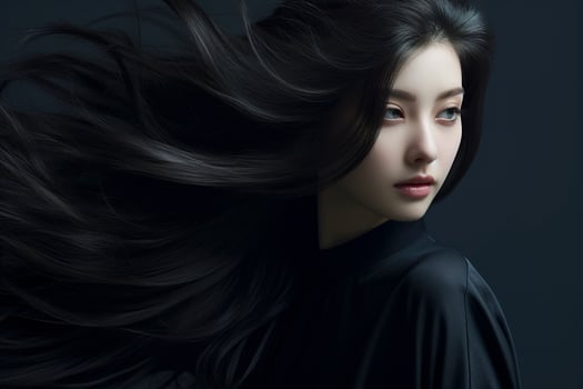 A woman with long black hair and a black dress photo