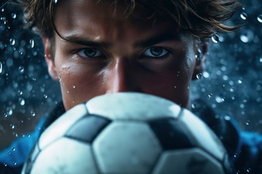 A man holding a soccer ball in the rain photo