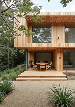 The house is made of wood and has a patio photo