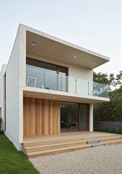 A modern house with wooden steps and glass balcony photo