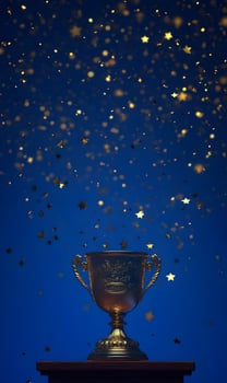 Celebrating Victory a Golden Trophy with Falling Confetti Against Blue Background photo