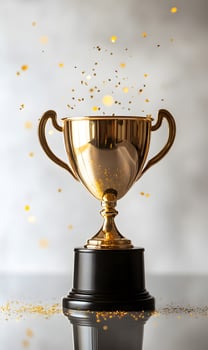 Golden trophy standing proudly amidst festive confetti shower, a symbol of accomplishment photo