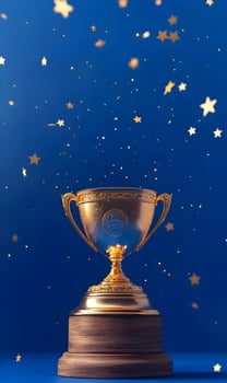 Golden trophy glittering under a shower of golden stars, celebrating achievement and victory. photo