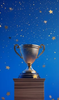 Triumph in sight A golden trophy and star showers against a vibrant blue canvas. photo