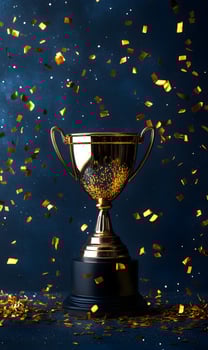 Golden trophy celebration with falling confetti against a dark backdrop illustration photo