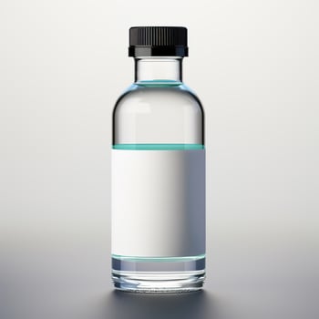 A glass bottle with a white label on it photo