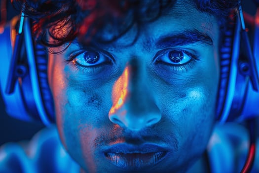 Focused young male gamer with curly hair wearing a headset, illuminated by vibrant blue and orange lights, showcasing intense concentration. photo