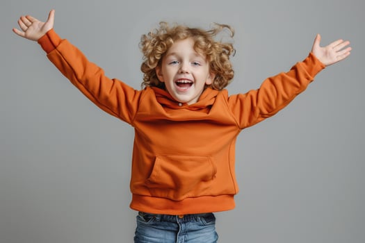Happy Caucasian boy with curly hair wearing an orange hoodie, joyfully celebrating with arms raised. photo