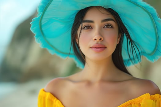 A young woman with long dark hair poses on the beach, wearing a bright yellow off-shoulder dress and a large blue sun hat. photo