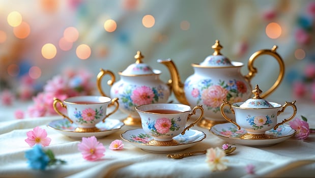 Elegant vintage tea set displayed with floral accents and soft lighting for a charming afternoon tea gathering photo