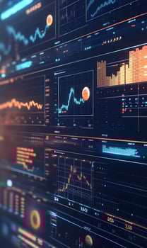 Financial data analytics interface displays stock charts, graphs, and digital currency indicators photo