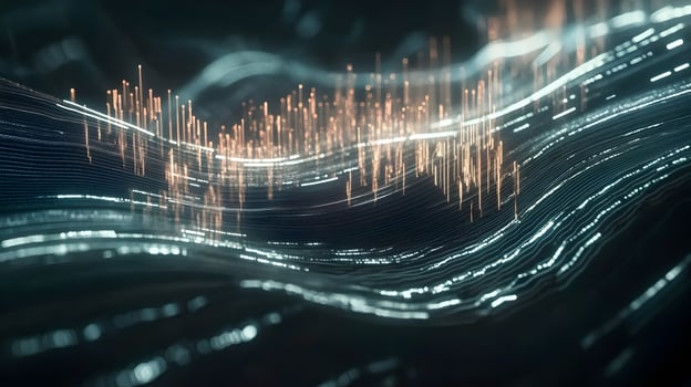 Abstract data visualization of interconnected networks with glowing fiber optic strands photo