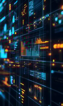 Futuristic financial technology displaying digital network communication charts and data screens photo