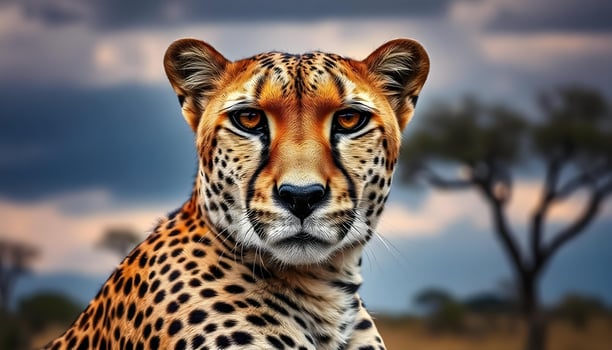 Close up of a cheetah highlighting its muscular form and intense gaze, set against a softly blurred savanna landscape photo
