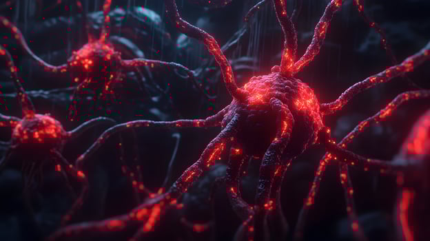 Complex network of interconnected cancer cells showing invasive structures illuminated red photo