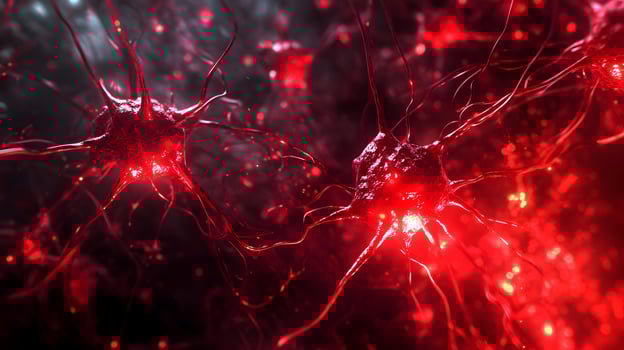 Microscopic representation displaying vibrant red cancer cells with radiating tendrils concept photo