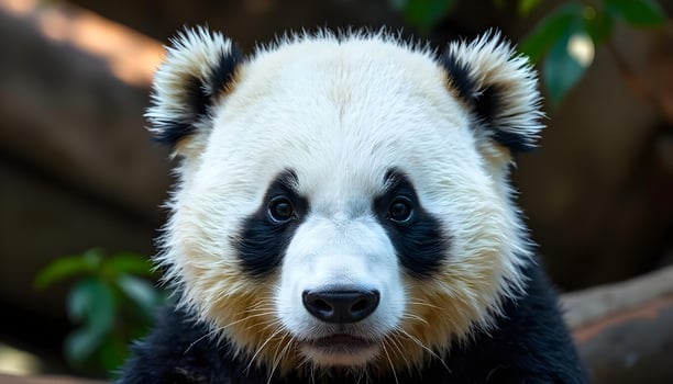 Close up of a giant panda with sparkling eyes and detailed fur against a blurred habitat photo