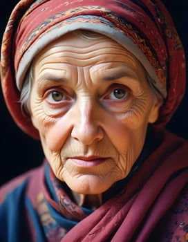 Elderly woman with calm expression and deep wrinkles in cultural dress photo