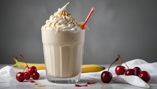 Thick milkshake with velvety whipped cream and a cherry on top photo