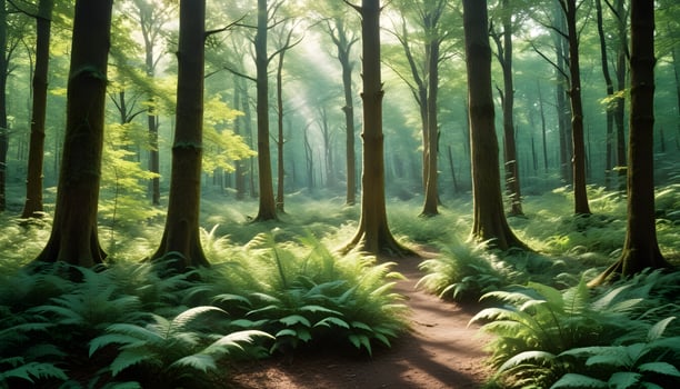 Golden rays filtering through towering, age old trees in a forest photo