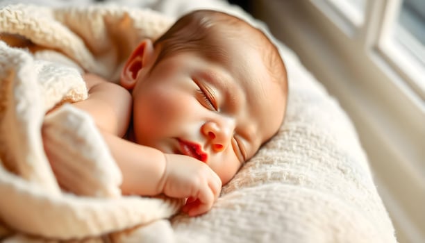 Peaceful close up of a sleeping newborn, illuminated by window light photo