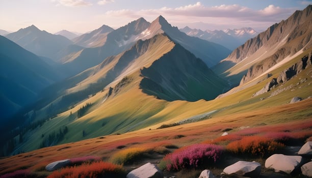 A beautiful mountain landscape with colorful flowers photo