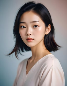 Korean girl with radiant skin and gentle features, against a neutral backdrop photo