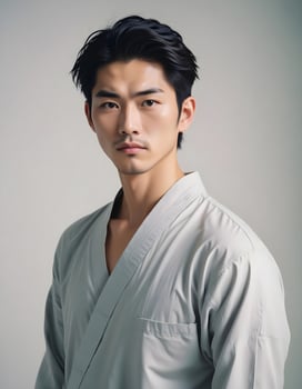 Japanese male model showcasing a refined look, posed against a simple background photo