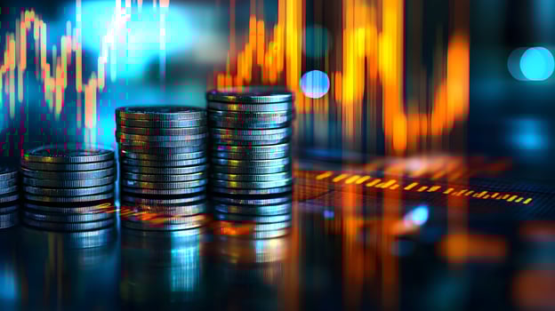 Financial growth depicted through coin stacks and rising market trends in soft focus view photo