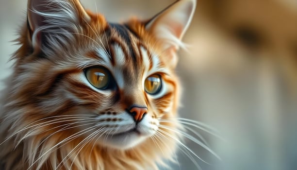 Somali cat with focused gaze, whiskers outlined, against a soft, blurred background photo