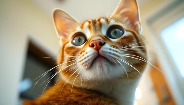 Expressive tabby cat looking up with bright amber eyes and soft golden fur photo