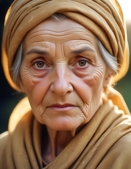 Close up of elderly woman with traditional attire and serene expression captured in natural light photo
