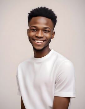 Confident young Nigerian man in modern clothes, offering a bright smile, set against a simple backdrop photo