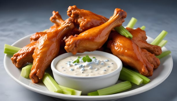 Spicy buffalo wings served with crunchy celery sticks and smooth blue cheese dip photo